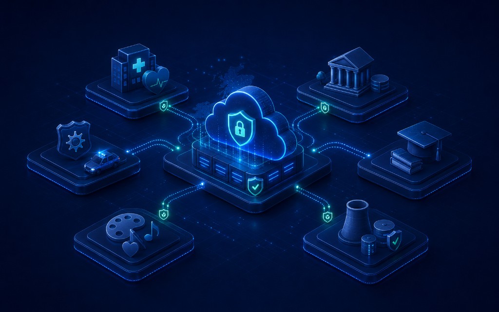 Sector coverage visual showing NHS, local government, police, higher education, charity and regulated commercial workloads connected to a secure UK cloud platform