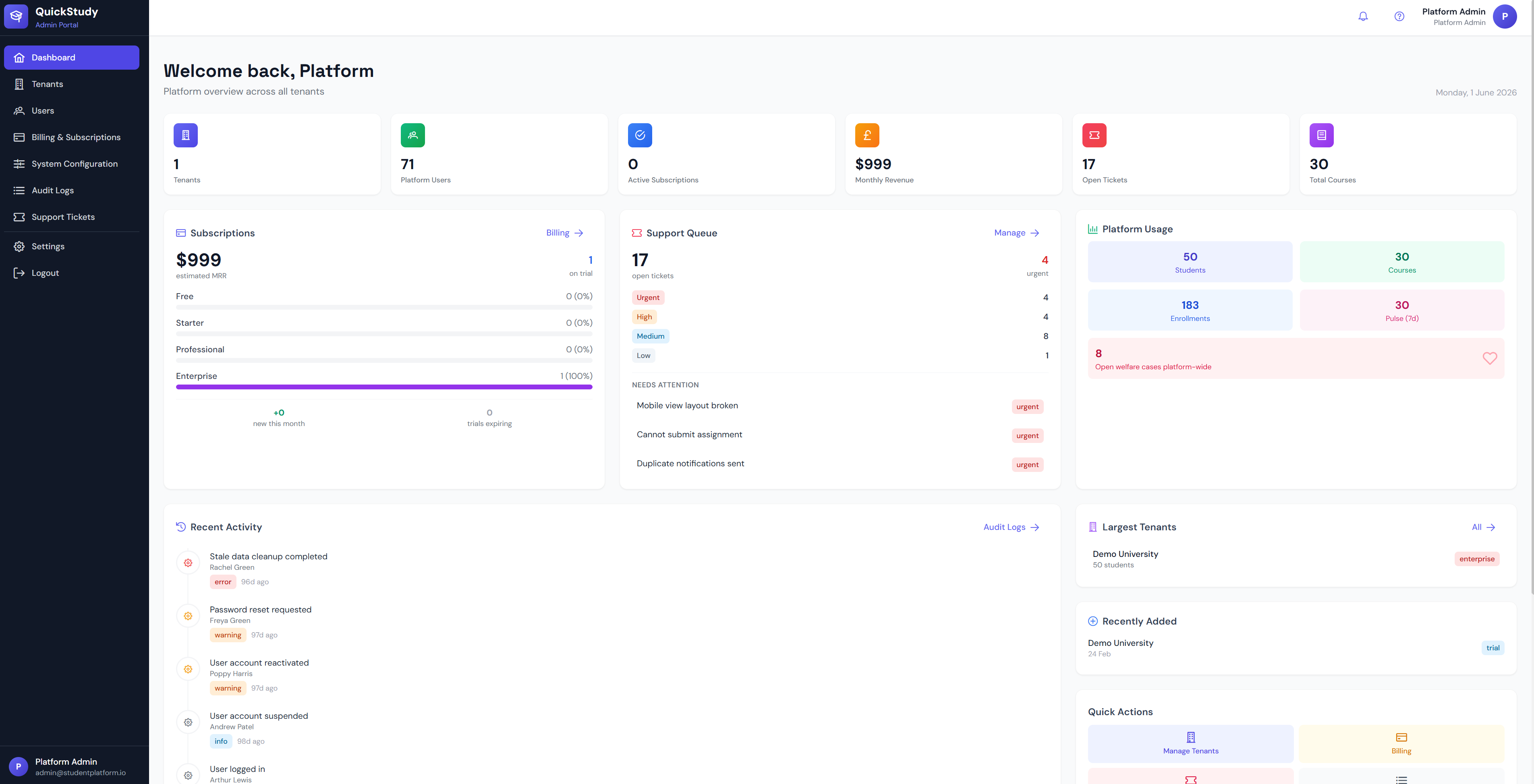 QuickStudy admin dashboard showing system configuration, feature flags, security policies, audit logs and support tools