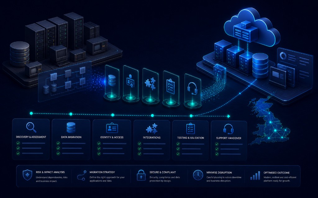 Technical consultancy and migration planning visual showing legacy infrastructure, controlled migration checkpoints and modern UK cloud platform