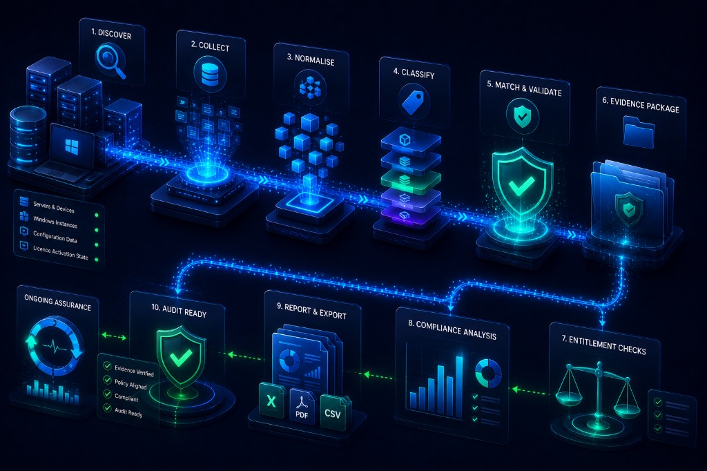 SPLA audit and compliance platform showing server audit nodes, licensing evidence trails and report exports